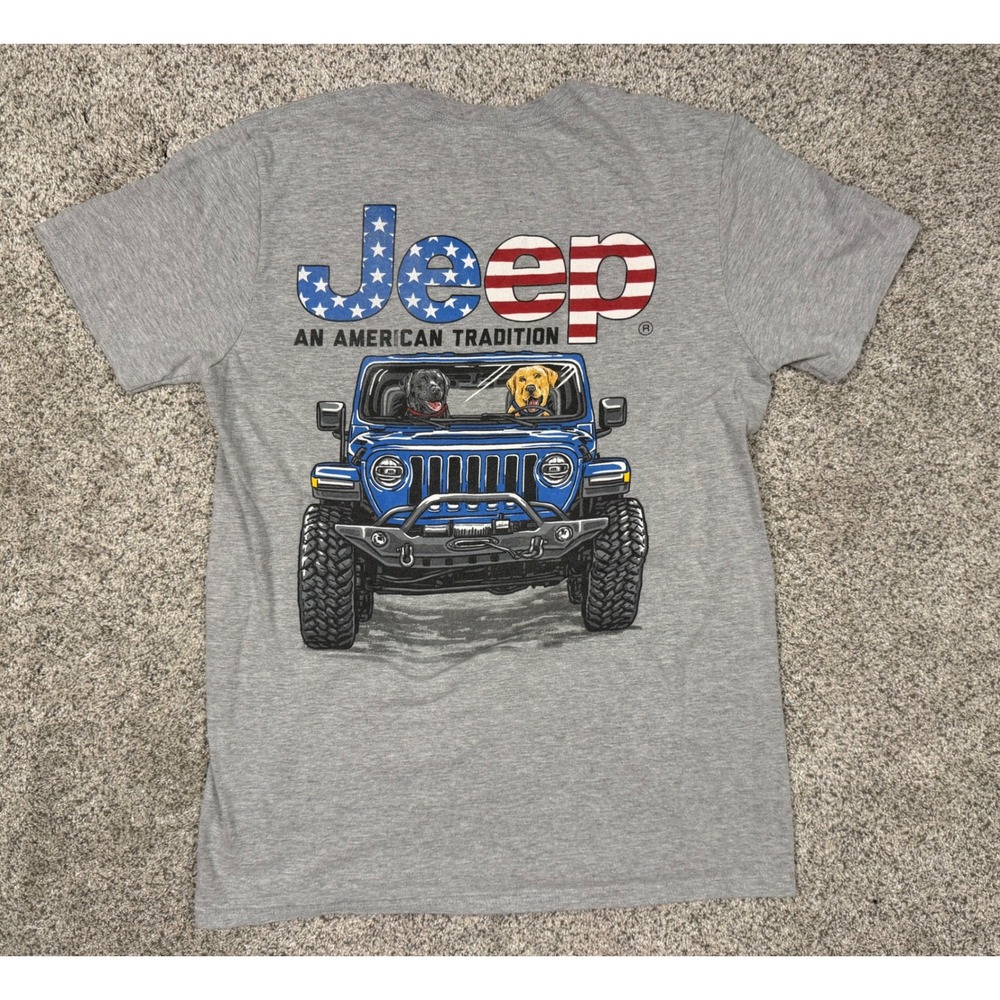 Jeep T-Shirt Jedco Graphic Dogs American Flag Size Medium Gray Short Sleeve Tee
